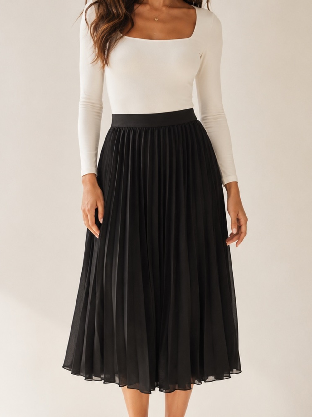 See You Monday | Black Pleated Chiffon Midi Skirt Elastic Waist Lined Size M